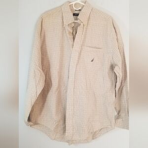 Nautica Collared Button Down Polo Shirt. Tan & Navy. Size L. 100% Cotton. EUC.